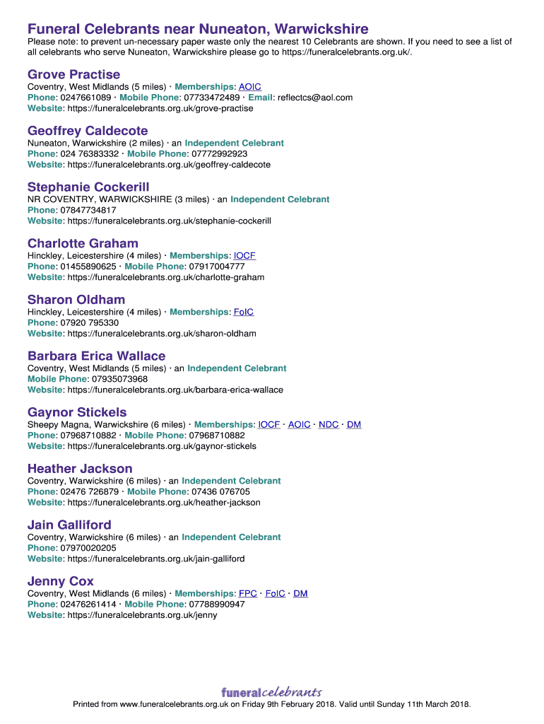 Fillable Online Funeral Celebrants near Nuneaton, Warwickshire Fax