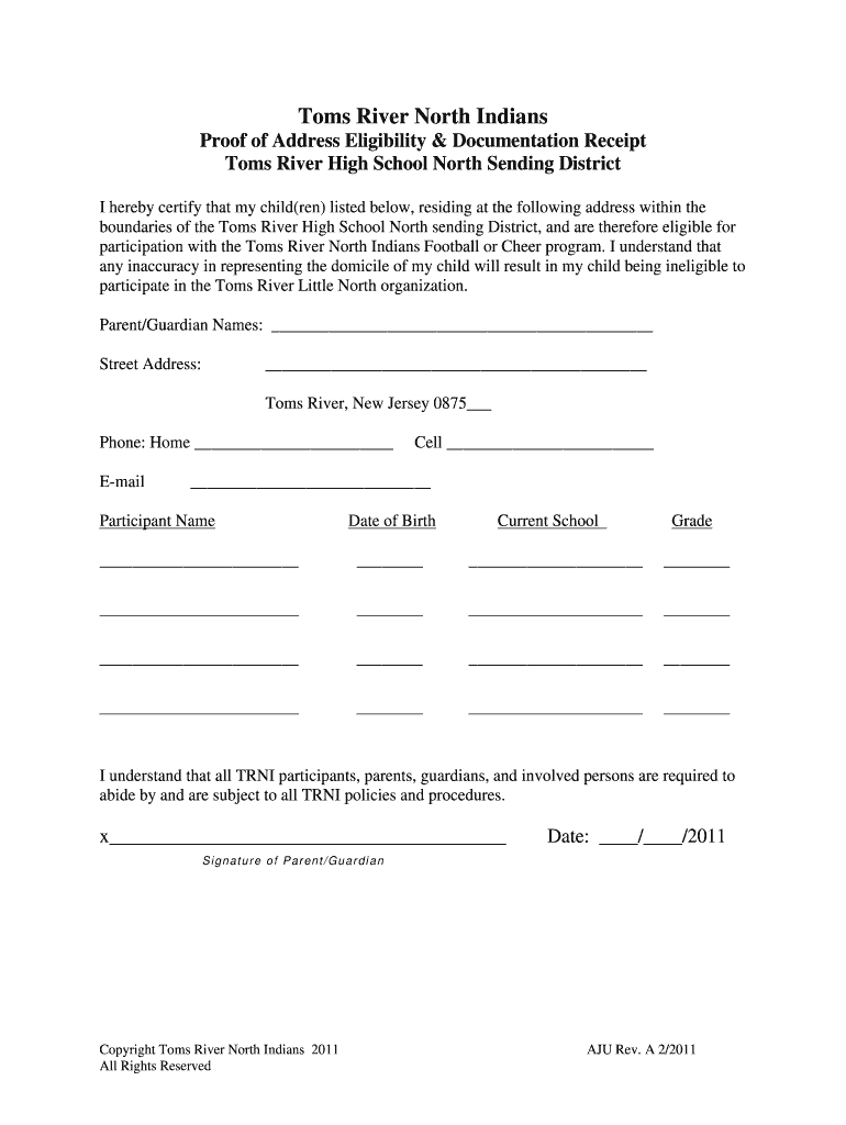 Fillable Online trli Proof of Address Form Toms River North Indians