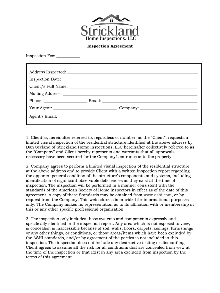 Fillable Online Inspection Agreement Strickland Home Inspections Fax Email Print pdfFiller