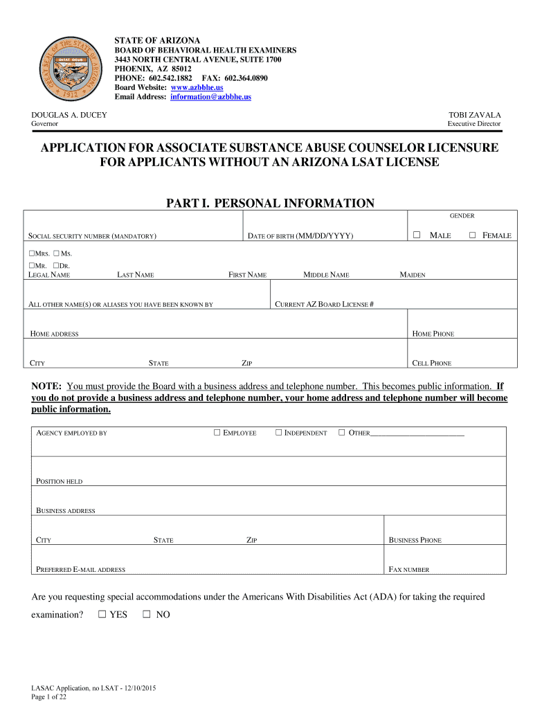 Fillable Online azbbhe PERSONAL INFORMATION GENDER SOCIAL SECURITY