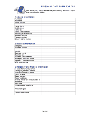 PERSONAL DATA FORM FOR TRIP - Travel Companies