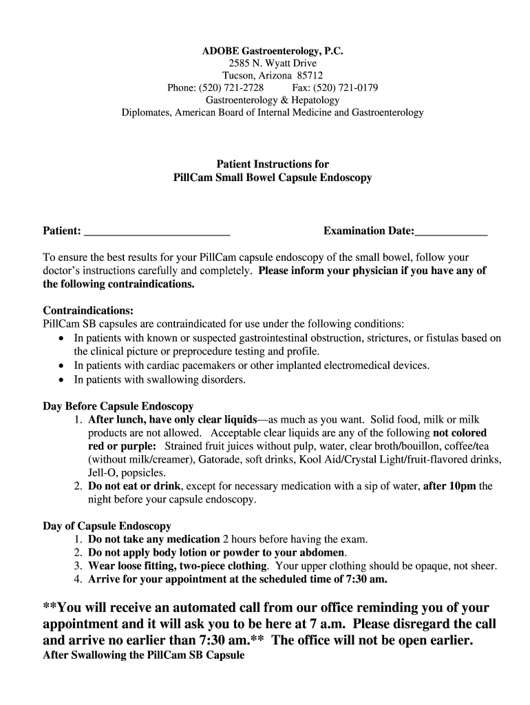 Fillable Online Patient Instructions PillCam Small Bowel Capsule