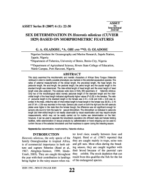 ASSET An International Journal ASSET Series B (2007) 6 (1): 2230 SEX DETERMINATION IN Heterotis niloticus (CUVIER 1829) BASED ON MORPHOMETRIC FEATURES G - journal unaab edu