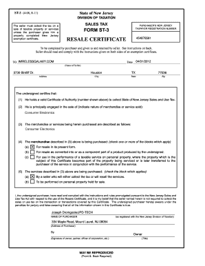 SALES TAX PURCHASERS NEW JERSEY TAXPAYER REGISTRATION NUMBER FORM ST3 454876561 RESALE CERTIFICATE To be completed by purchaser and given to and retained by seller