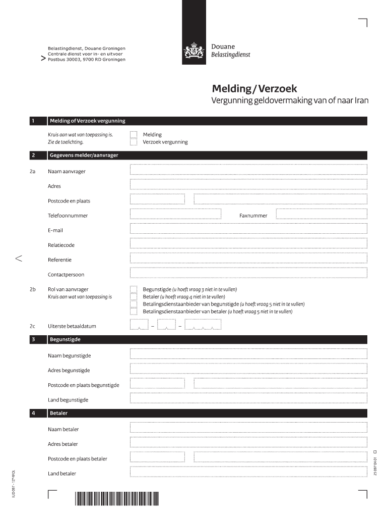 Melding / Verzoek Vergunning geldovermaking van of naar Iran. IUD 097 - 1Z*4FOL Preview on Page 1