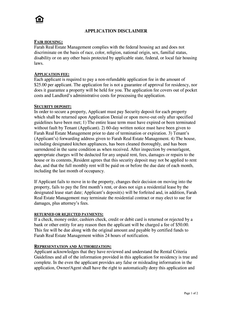 APPLICATION DISCLAIMER FAIR HOUSING - Farah Real Estate Preview on Page 1.