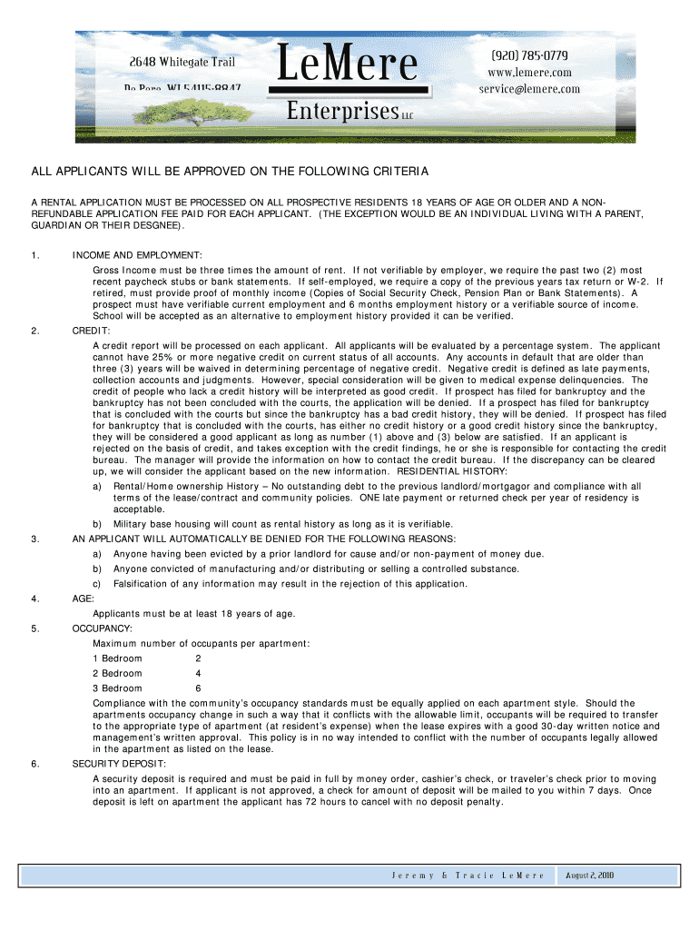 Fillable Online 001 Rental Qualifying Criteria v1 LeMere Enterprises
