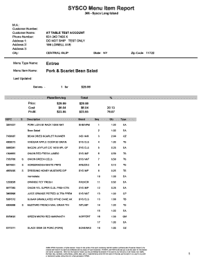 Generic menu card template - : Customer Number: Customer Name: Phone Number: Address 1: Address 2: Address 3: City: AT TABLE TEST ACCOUNT 6313427400 X DO NOT SHIP TEST ONLY 199 LOWELL AVE Menu Type Name: Entree Menu Item Name: Pork &amp