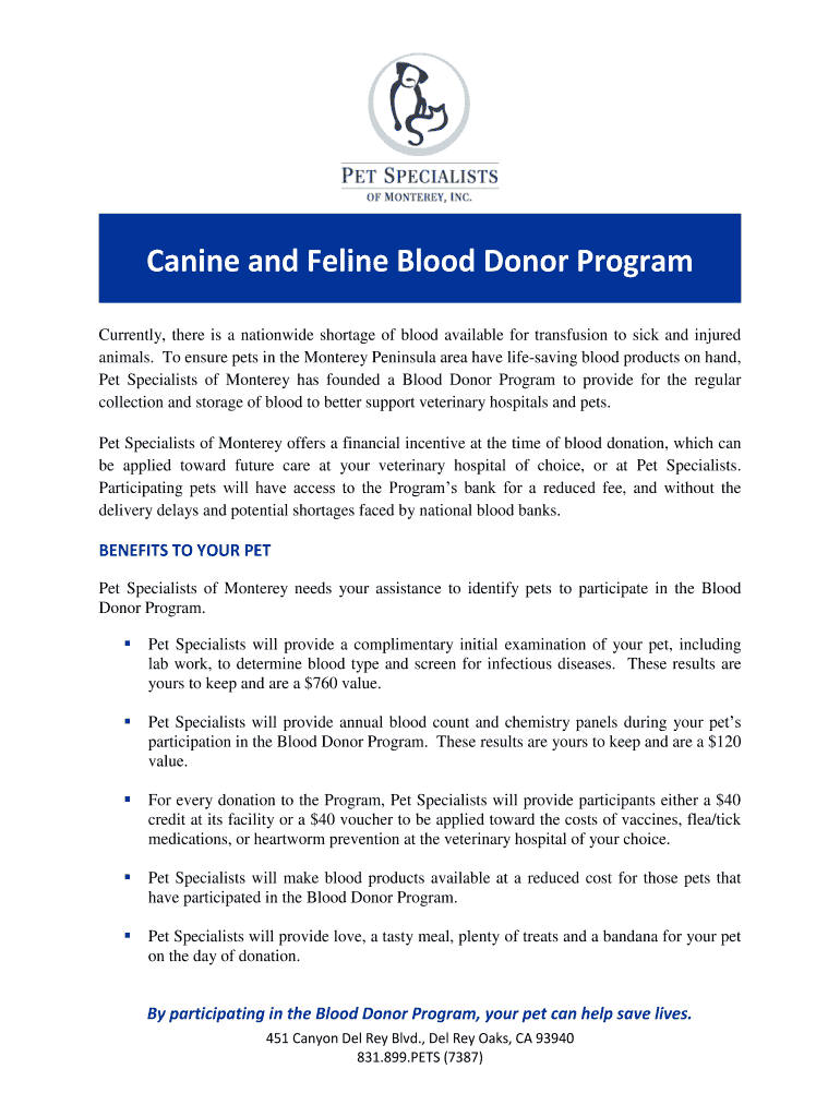 Fillable Online Canine and Feline Blood Donor Program Fax Email Print