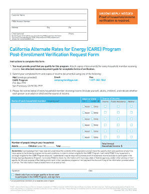 California Alternate Rates for Energy CARE Program PostEnrollment Verification Request Form California Alternate Rates for Energy CARE Program PostEnrollment Verification Request Form