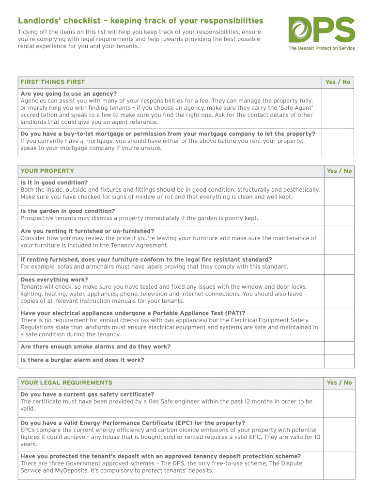 Fillable Online Landlords checklist keeping track of your responsibilities Fax Email Print