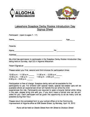 Lakeshore Soapbox Derby Rookie Introduction Day Signup Sheet - algomamainstreet