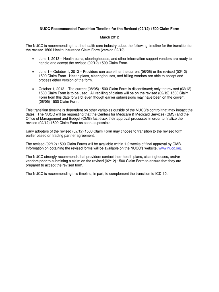 Fillable Online nucc NUCC Transition Timeline for the Proposed 1500 Claim Form