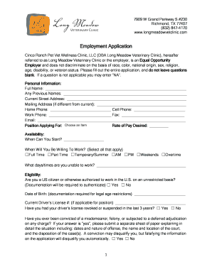 Fillable Online Employment Application - Long Meadow Veterinary Clinic ...