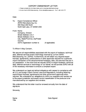 Statement of ownership example - Export ownership letter - ZERO Manufacturing, Inc.