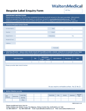 Tennessee window tint exemption form - Bespoke Label Enquiry Form LEF - Walters Medical - waltersmedical co