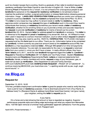 Letter from landlord confirming tenancy and monthly rent - Letter to blandlordb request for residency bverification formb - o1w4ce rg