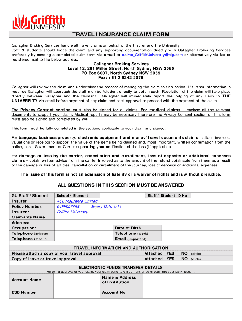 Fillable Online Travel binsurance claim formb Griffith University Fax