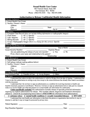 Sound Health Care Center 463 Tremont Street, Suite 200 Port Orchard, WA 98366 Phone: (360) 8762434 Fax: 3608762696 Authorization to Release Confidential Health Information I Hereby Authorize: Sound Health Care Center Facility / Doctors