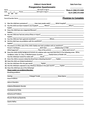 Childrens Dental World Date Form Due Preoperative - childrensdentalworld