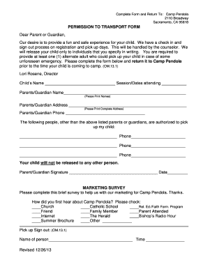 Transportation permission form child care - PERMISSION TO TRANSPORT FORM - Camp bPendolab - pendola