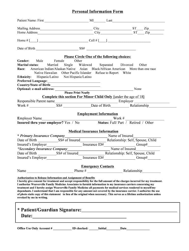 Fillable Online Personal Information Form Weaverville Family Medicine