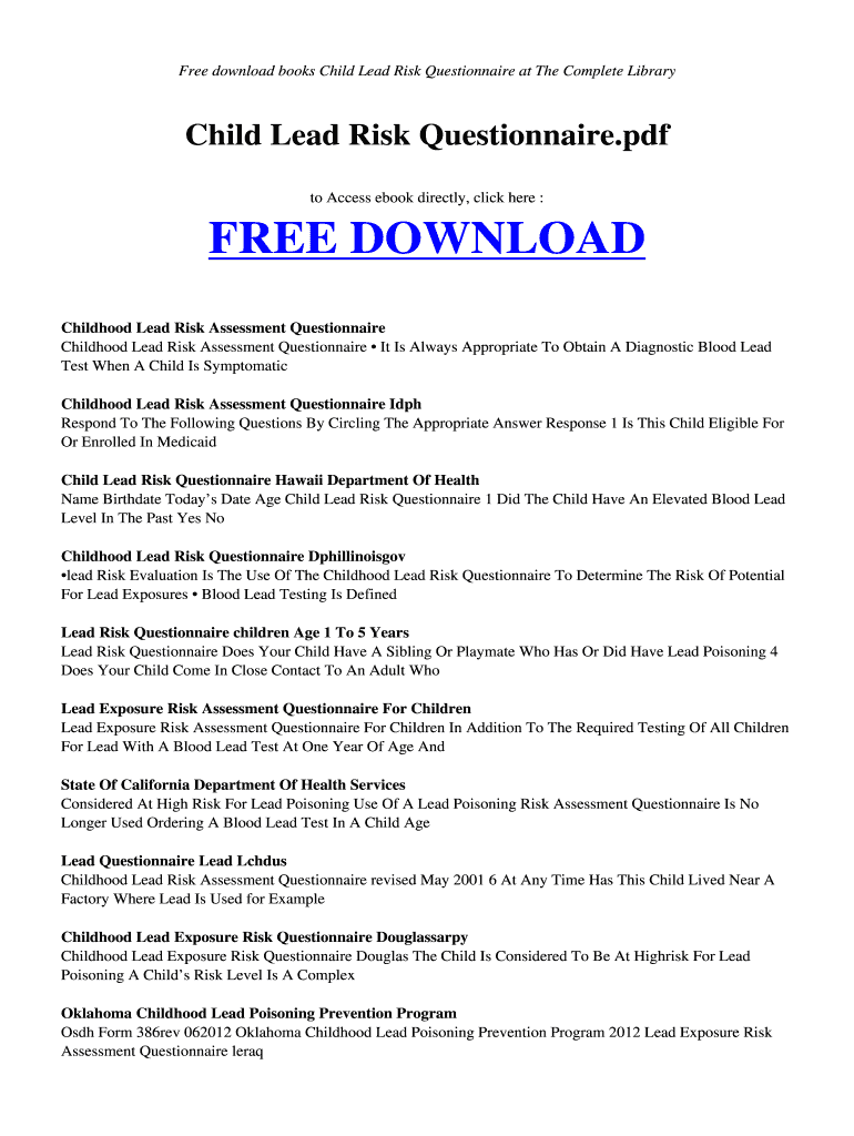 Fillable Online radiorusak esy CHILD LEAD RISK QUESTIONNAIREPDF Free