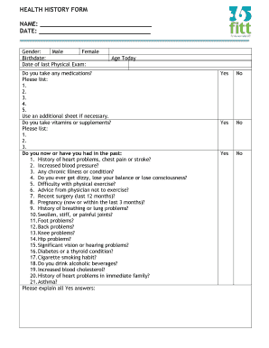 Fillable Online HEALTH HISTORY FORM NAME DATE Fax Email Print - pdfFiller