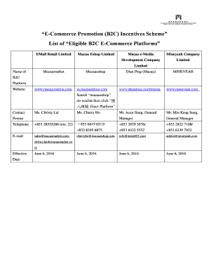 ECommerce Promotion (B2C) Incentives Scheme List of Eligible B2C ECommerce Platforms EMall Retail Limited Macau Eshop Limited Macao eMedia Mineyeah Company Development Company Limited Limited Name of Macaumarket Macaueshop Dian Ping (Macau)