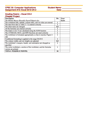 CPSC 30: Computer Applications Assignment #13: Excel 2010 CH2 Student Name: Date: Grading Rubric Excel CH2 Chapter Project Description The Mobile Masses Biweekly Payroll Report