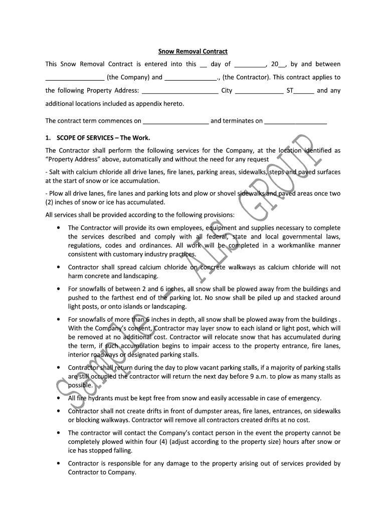 Fillable Online Snow Removal Contract This Snow Removal bb The ALS