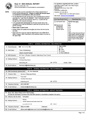 Rule 13 MS4 ANNUAL REPORT For questions regarding this form, contact: IDEM Office of Water Quality , Storm Water Program MS4 Coordinator 100 North Senate Avenue, Room 1255 MC 6542 Indianapolis, IN 462042251 State Form 51278 (R6 / 712) - - -