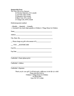 Sponsorship Form Yes Iwe wish to be a Sponsor Christian - childrensvillageoftexas