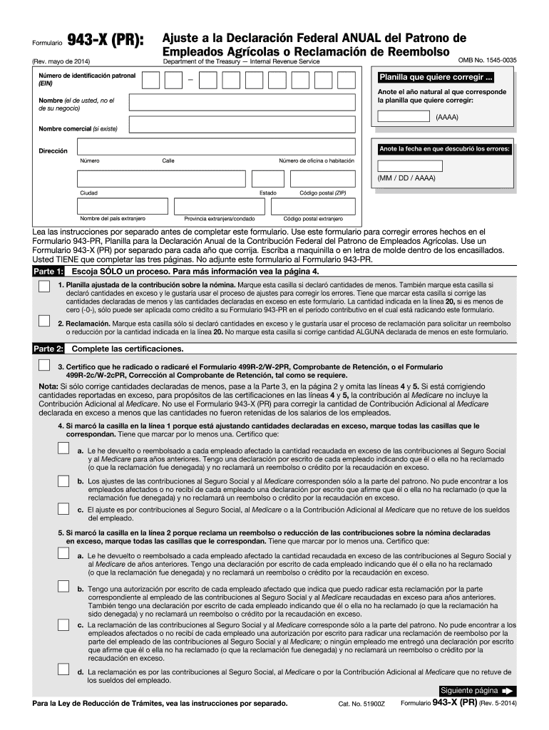 Form 943-X PR Rev May 2014 Adjusted Employers Annual Federal Tax Return for Agricultural Employees o Vista previa en la página 1