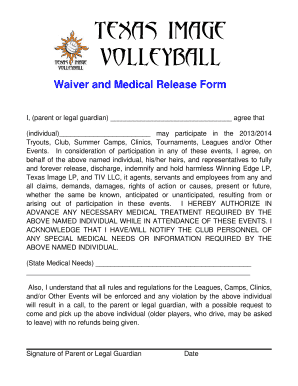 Waiver and Medical Release Form - Texas Image Volleyball