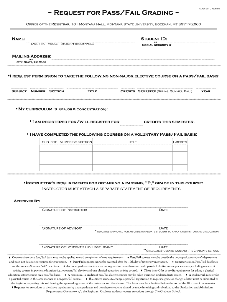 Fillable Online montana Request for Pass/Fail Grading - Montana State ...