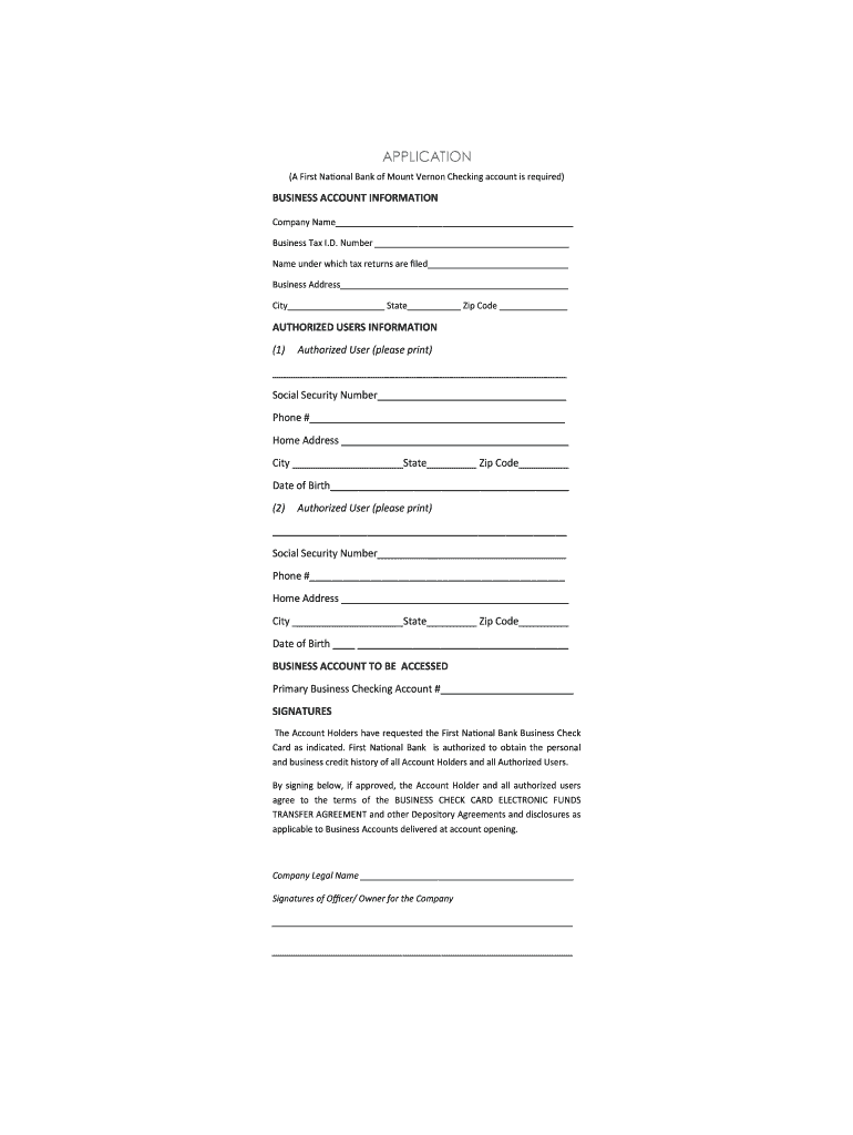 Fillable Online Business Check bCard Applicationb First National Bank