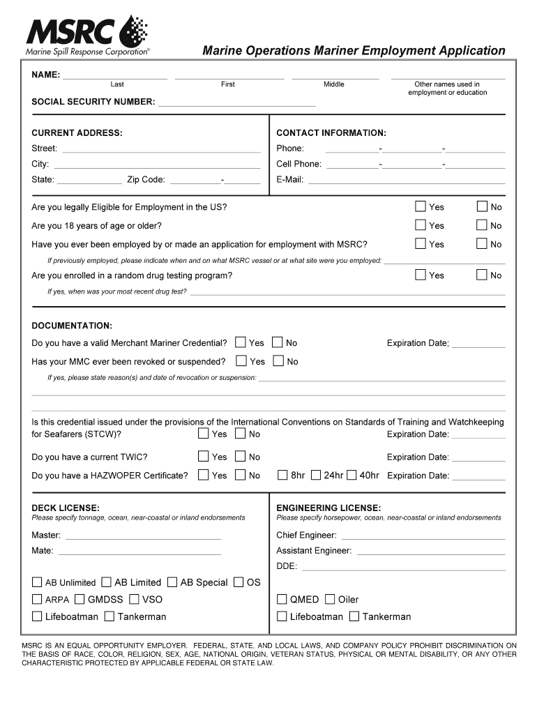 Fillable Online msrc Marine Operations Mariner Employment Application msrc Fax Email Print
