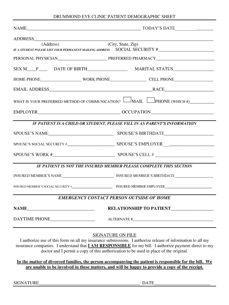 Fillable Online DRUMMOND EYE CLINIC PATIENT DEMOGRAPHIC SHEET NAME