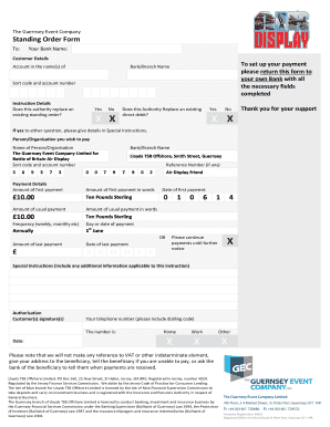 Standing order form template word - The Guernsey Event Company Standing Order Form To: Your Bank Name: Customer Details Account in the name(s) of To set up your payment please return this form to your own Bank with all the necessary fields completed Bank/Branch Name Sort code