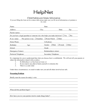 HelpNet ChildAdolescent Intake Information