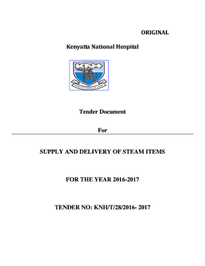 ORIGINAL Kenyatta National Hospital Tender Document For SUPPLY AND DELIVERY OF STEAM ITEMS FOR THE YEAR 20162017 TENDER NO: KNH/T/28/2016 2017 TABLE OF CONTENTS SECTION I INVITATION TO TENDER SECTION II INSTRUCTIONS TO TENDERERS/TABLE OF