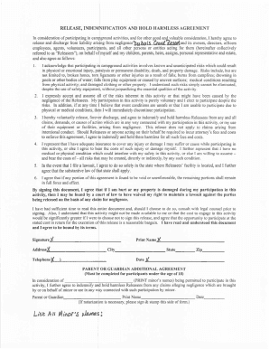 RELEASE, INDEMNIFICATION AND HOLD HARMLESS AGREEMENT In consideration of participating in camground activities, and for other good and valuable consideration, I hereby agree to release and discharge from liability arisng from negligence