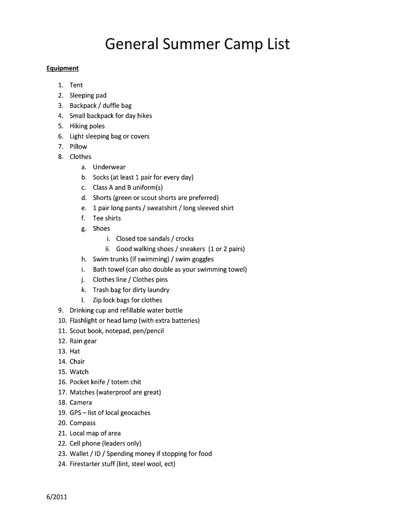 Fillable Online myerstownboyscouts General Summer Camp List Myerstown Troop 20 Boy Scout Troop