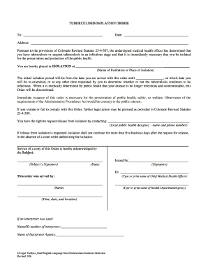 TUBERCULOSIS ISOLATION ORDER To: Date ... - Colorado.gov - colorado