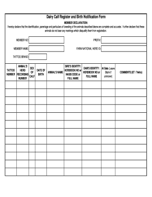 Dairy Calf Register and Birth Notification Form