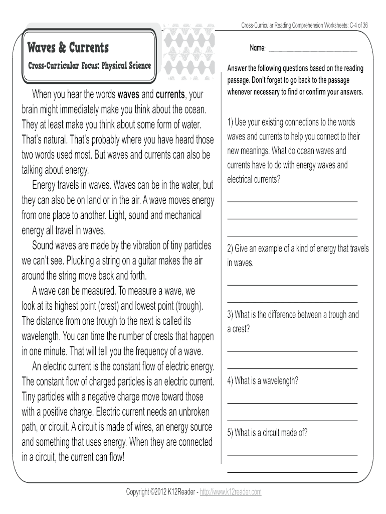 CrossCurricular Reading Comprehension Worksheets: C4 of 36 Waves &: Fill  out & sign online | DocHub