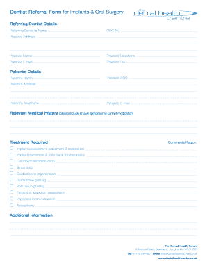 Fillable Online dentalhealthcentre co Dentist Referral Form for ...