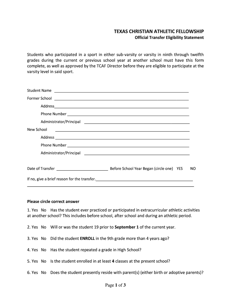 2015-16 TCAF Transfer Form Preview on Page 1