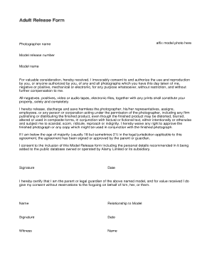 Alamy Images Sample Model Release Form Page 1 of 1 Adult Release Form affix model photo here Photographer name Model release number Model name For valuable consideration, hereby received, I irrevocably consent to and authorize the use and